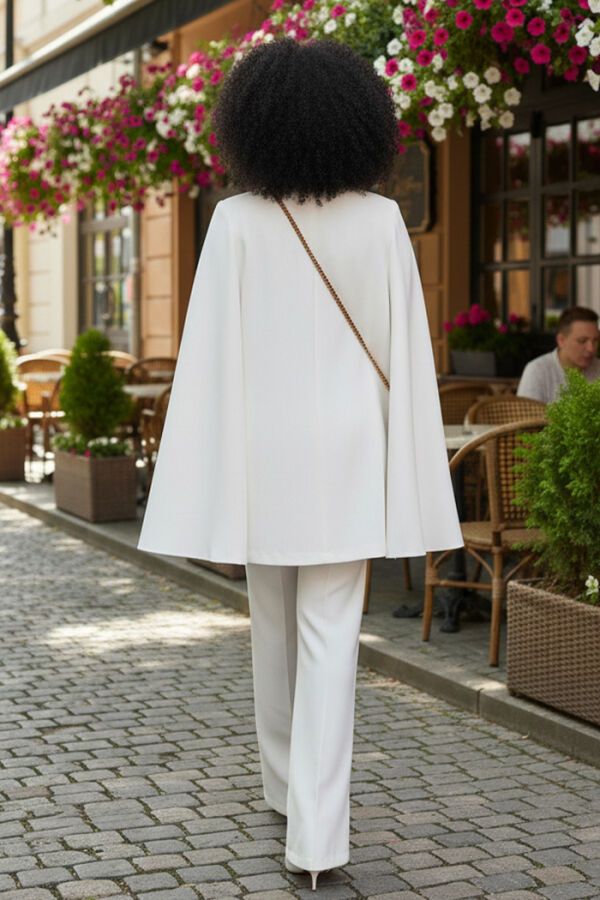 Pelerinli Düğme Detay Ceket ve Pantolon Takım 8354 Ekru - 3