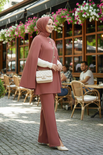 Pelerinli Düğme Detay Ceket ve Pantolon Takım 8354 Gül Kurusu - 2