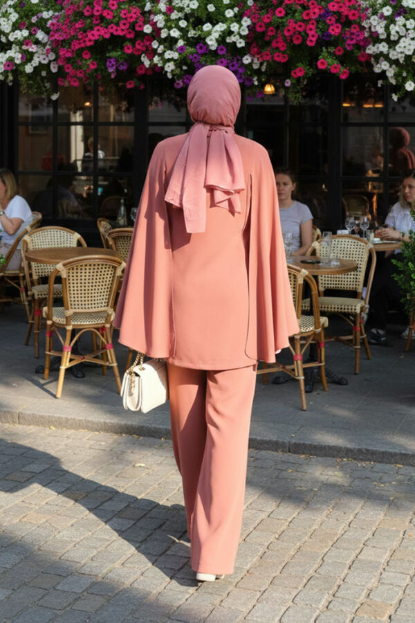 Pelerinli Düğme Detay Ceket ve Pantolon Takım 8354 Gül Kurusu - 3