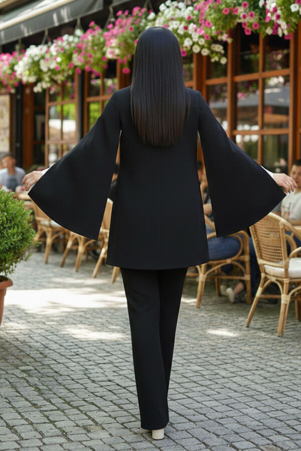 Pelerinli Düğme Detay Ceket ve Pantolon Takım 8354 Siyah - 3