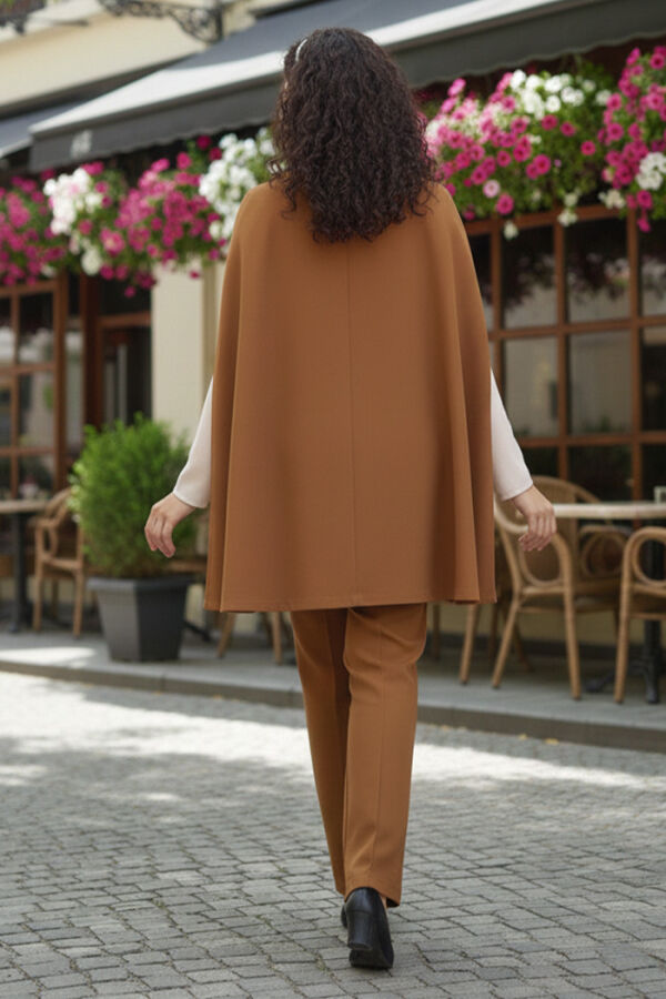 Pelerinli Düğme Detay Ceket ve Pantolon Takım 8354 Taba - 4