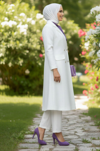 Cep ve Düğme Görünümlü Uzun Ceket Pantolon Takım 8357 Ekru - 2