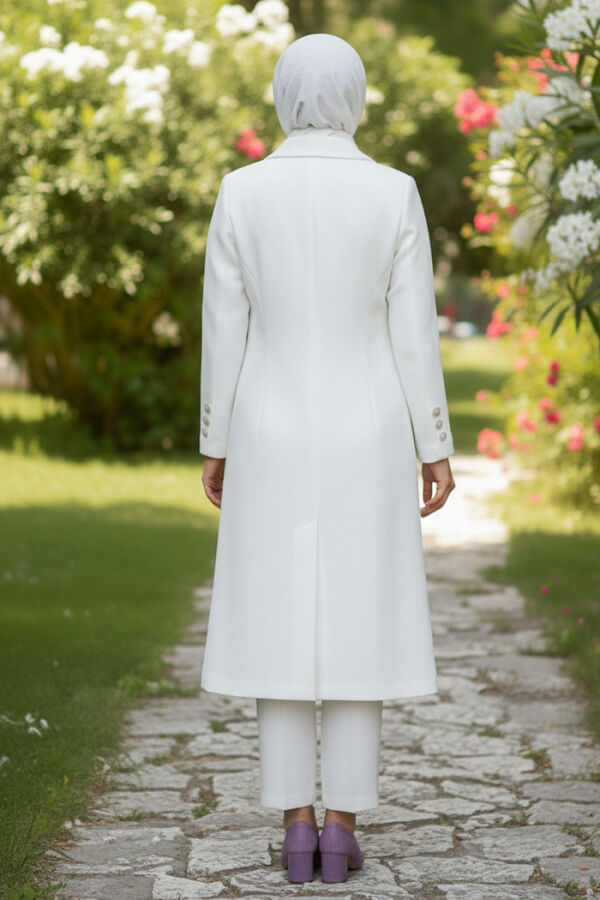 Cep ve Düğme Görünümlü Uzun Ceket Pantolon Takım 8357 Ekru - 4