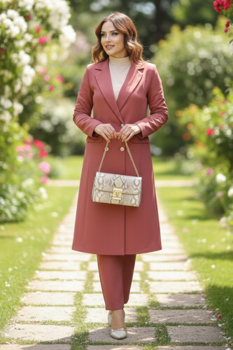 Cep ve Düğme Görünümlü Uzun Ceket Pantolon Takım 8357 Gül Kurusu 