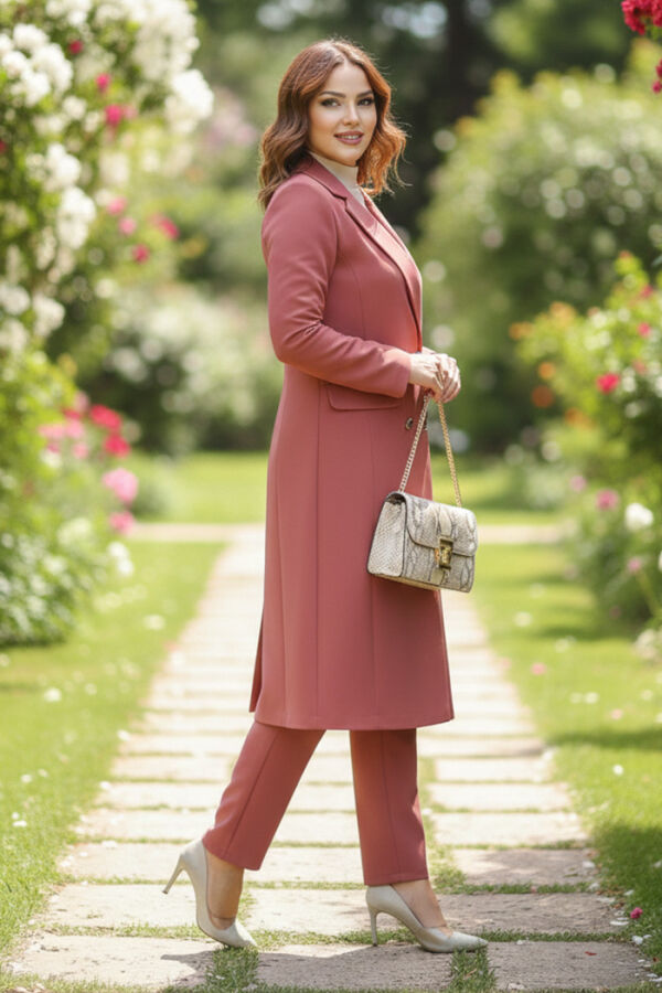 Cep ve Düğme Görünümlü Uzun Ceket Pantolon Takım 8357 Gül Kurusu - 2