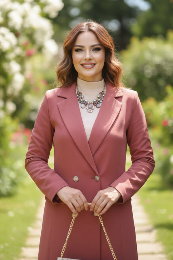 Cep ve Düğme Görünümlü Uzun Ceket Pantolon Takım 8357 Gül Kurusu - 3