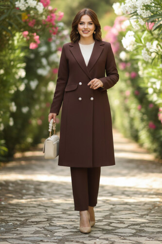 Cep ve Düğme Görünümlü Uzun Ceket Pantolon Takım 8357 Kahverengi 