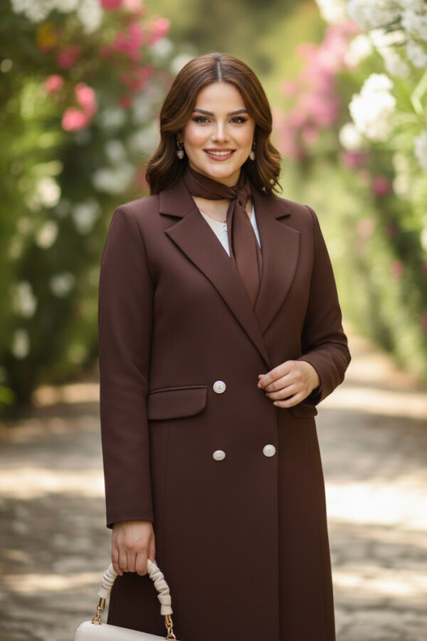 Cep ve Düğme Görünümlü Uzun Ceket Pantolon Takım 8357 Kahverengi - 3