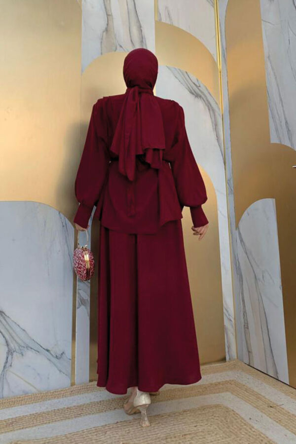 Bel Kemer Detaylı Bluz ve Mevlana Etek Takım 8390 Bordo - 7