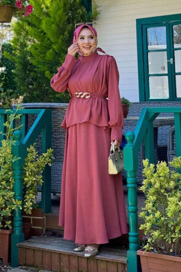 Bel Kemer Detaylı Bluz ve Mevlana Etek Takım 8390 Gül Kurusu - 1