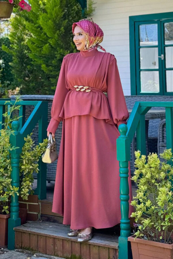 Bel Kemer Detaylı Bluz ve Mevlana Etek Takım 8390 Gül Kurusu - 3