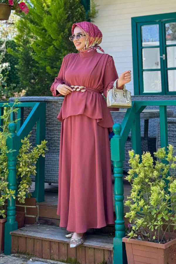 Bel Kemer Detaylı Bluz ve Mevlana Etek Takım 8390 Gül Kurusu - 4