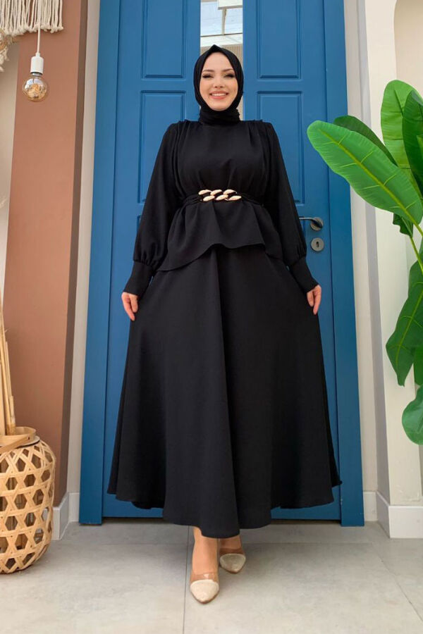 Bel Kemer Detaylı Bluz ve Mevlana Etek Takım 8390 Siyah - 2