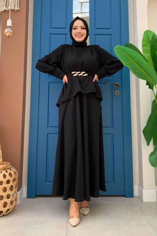 Bel Kemer Detaylı Bluz ve Mevlana Etek Takım 8390 Siyah - 3