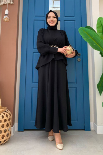 Bel Kemer Detaylı Bluz ve Mevlana Etek Takım 8390 Siyah - 4