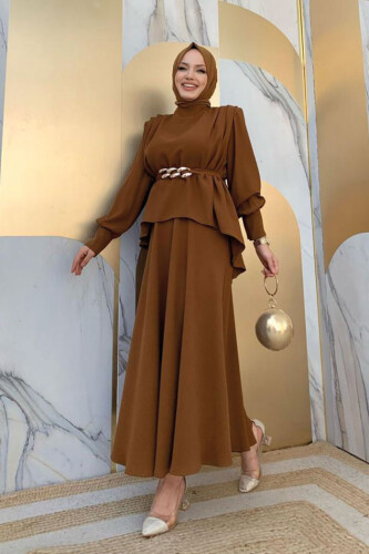 Bel Kemer Detaylı Bluz ve Mevlana Etek Takım 8390 Taba - 6