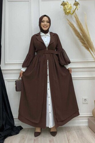 Kemer Aksesualrı Şifon Detaylı Abaya ve İçlik Takım 8391 Kahverengi - Bym Fashion