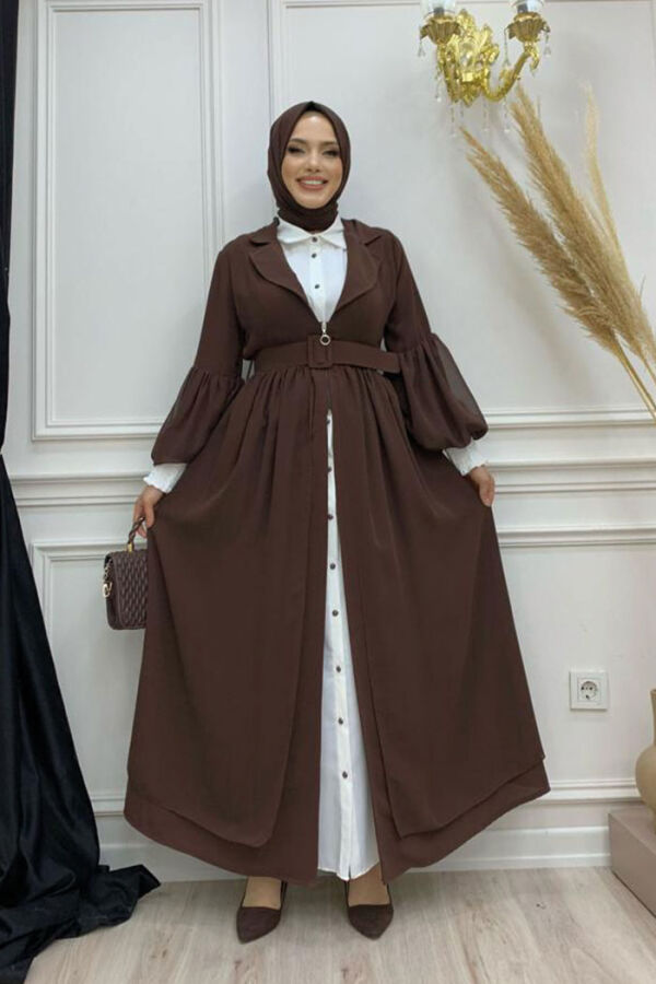 Kemer Aksesualrı Şifon Detaylı Abaya ve İçlik Takım 8391 Kahverengi - 5