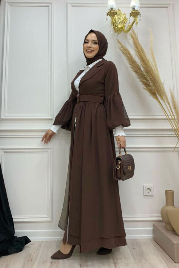 Kemer Aksesualrı Şifon Detaylı Abaya ve İçlik Takım 8391 Kahverengi - 6