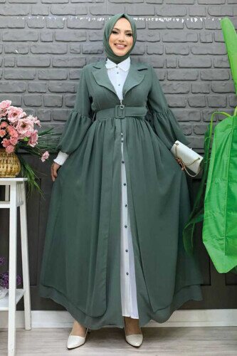 Kemer Aksesualrı Şifon Detaylı Abaya ve İçlik Takım 8391 Mint - Bym Fashion
