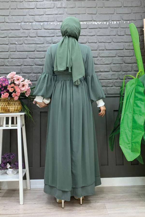 Kemer Aksesualrı Şifon Detaylı Abaya ve İçlik Takım 8391 Mint - 7