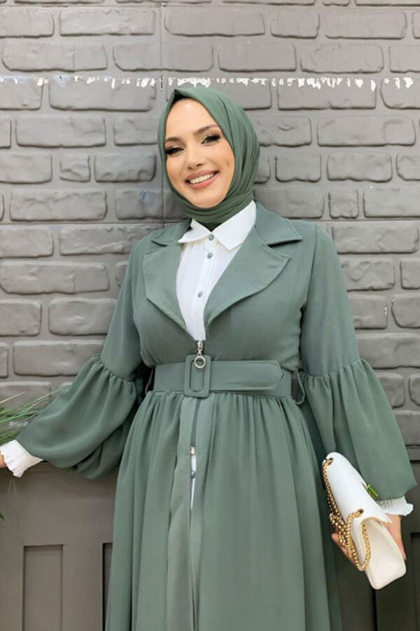 Kemer Aksesualrı Şifon Detaylı Abaya ve İçlik Takım 8391 Mint - 8