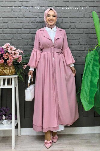 Kemer Aksesualrı Şifon Detaylı Abaya ve İçlik Takım 8391 Pudra - Bym Fashion