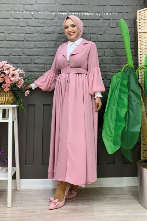 Kemer Aksesualrı Şifon Detaylı Abaya ve İçlik Takım 8391 Pudra - 6