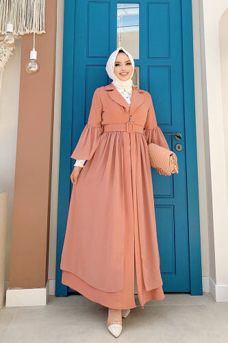 Kemer Aksesualrı Şifon Detaylı Abaya ve İçlik Takım 8391 Somon - Bym Fashion