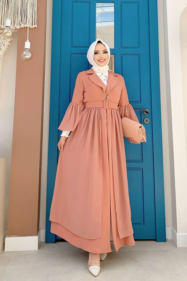 Kemer Aksesualrı Şifon Detaylı Abaya ve İçlik Takım 8391 Somon - 2