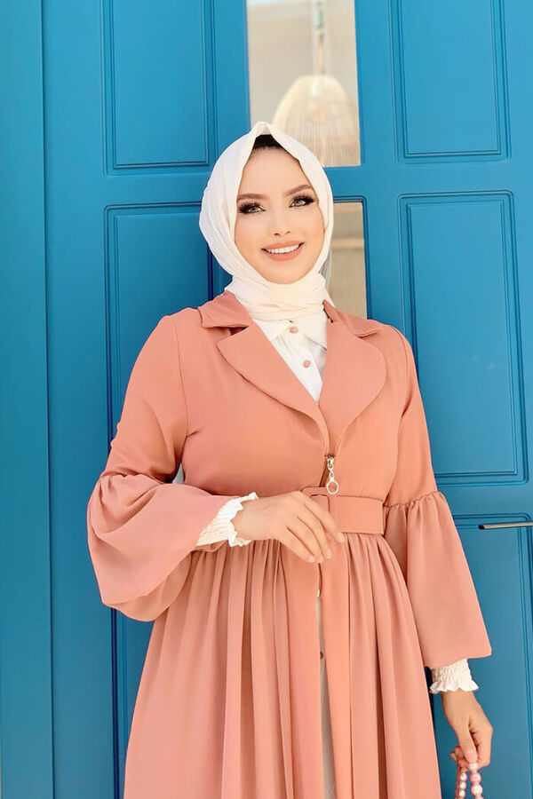 Kemer Aksesualrı Şifon Detaylı Abaya ve İçlik Takım 8391 Somon - 8