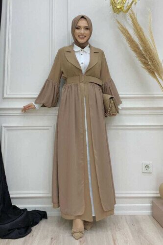 Kemer Aksesualrı Şifon Detaylı Abaya ve İçlik Takım 8391 Vizon - Bym Fashion