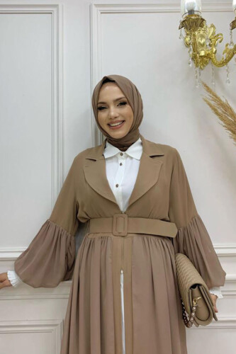Kemer Aksesualrı Şifon Detaylı Abaya ve İçlik Takım 8391 Vizon - 8