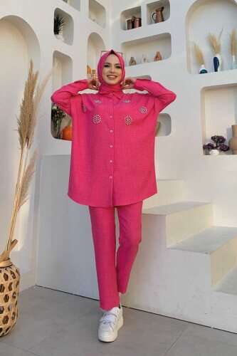 Taş Detaylı Düğmeli Tunik ve Pantolon Takım 8403 Fuşya 
