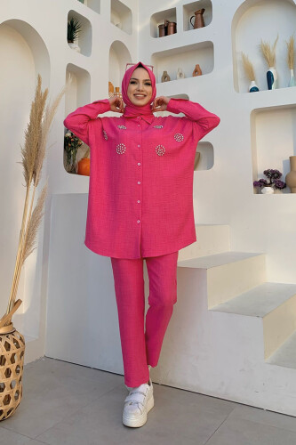 Taş Detaylı Düğmeli Tunik ve Pantolon Takım 8403 Fuşya - 5