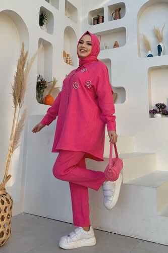 Taş Detaylı Düğmeli Tunik ve Pantolon Takım 8403 Fuşya - 6