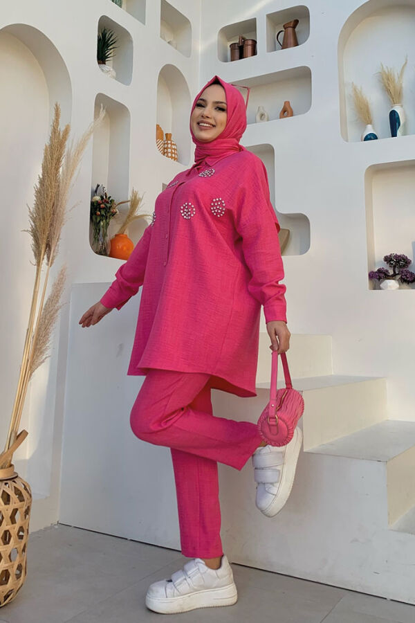 Taş Detaylı Düğmeli Tunik ve Pantolon Takım 8403 Fuşya - 6