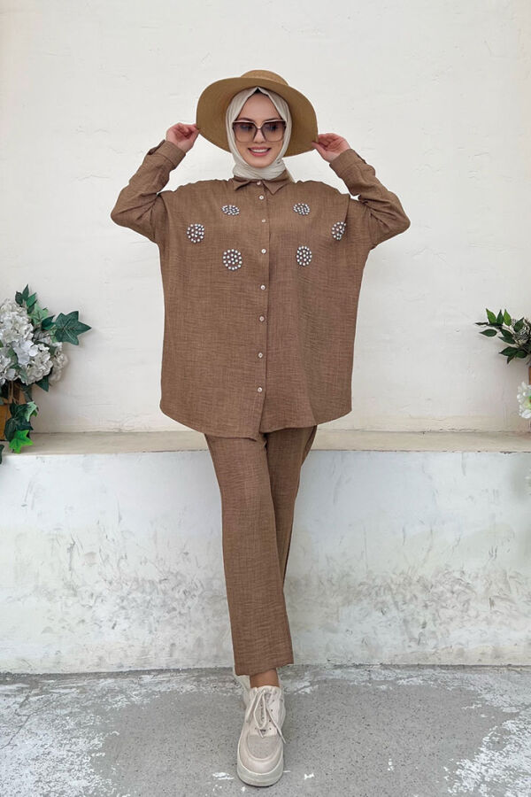 Taş Detaylı Düğmeli Tunik ve Pantolon Takım 8403 Kahverengi - 7