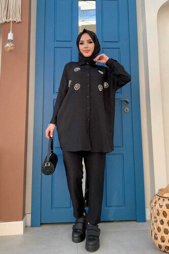 Taş Detaylı Düğmeli Tunik ve Pantolon Takım 8403 Siyah 