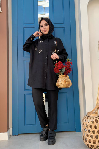 Taş Detaylı Düğmeli Tunik ve Pantolon Takım 8403 Siyah - 7