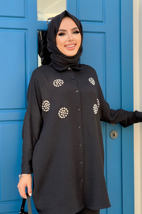 Taş Detaylı Düğmeli Tunik ve Pantolon Takım 8403 Siyah - 8