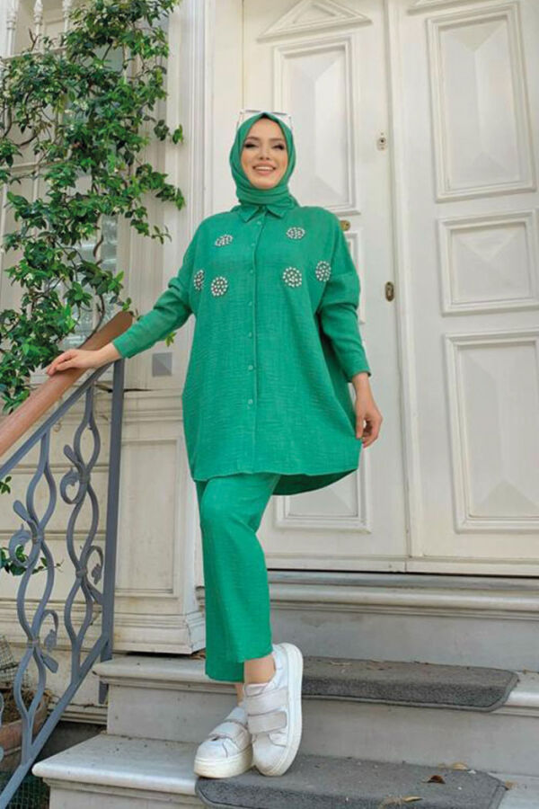 Taş Detaylı Düğmeli Tunik ve Pantolon Takım 8403 Zümrüt - 5