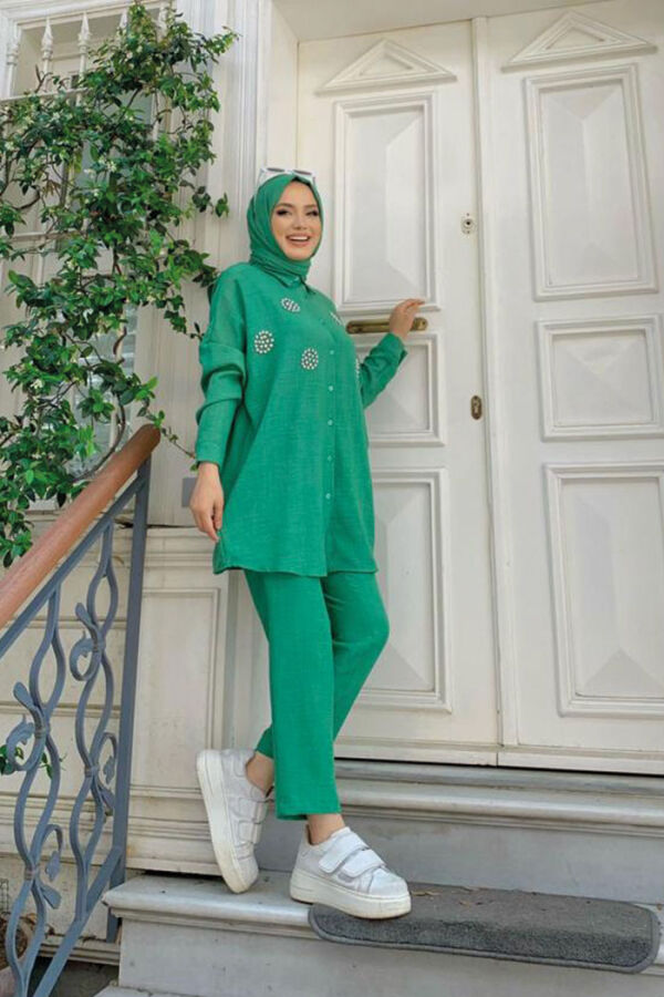 Taş Detaylı Düğmeli Tunik ve Pantolon Takım 8403 Zümrüt - 7