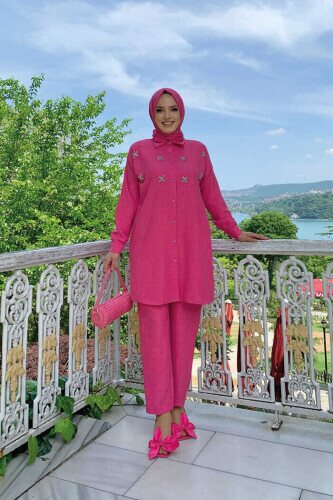 Taş Detaylı Düğmeli Tunik ve Pantolonlu İkili Takım 8404 Fuşya 