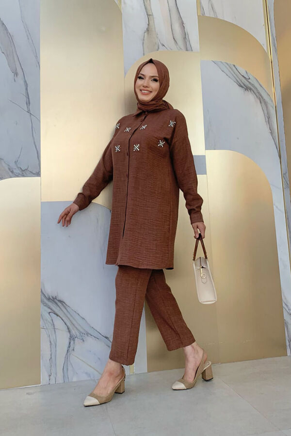 Taş Detaylı Düğmeli Tunik ve Pantolonlu İkili Takım 8404 Kahverengi - 6