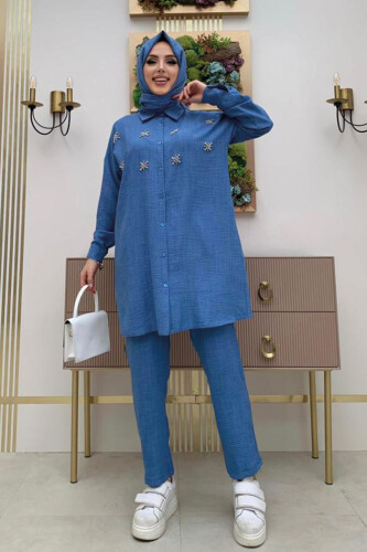 Taş Detaylı Düğmeli Tunik ve Pantolonlu İkili Takım 8404 Mavi - 5