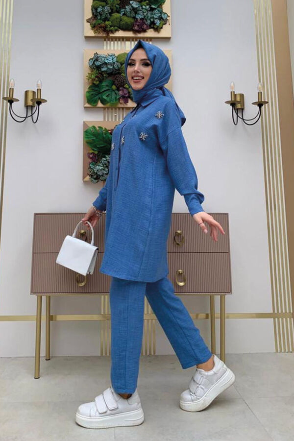 Taş Detaylı Düğmeli Tunik ve Pantolonlu İkili Takım 8404 Mavi - 7