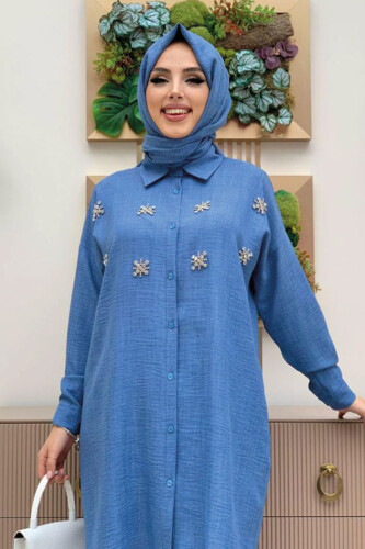 Taş Detaylı Düğmeli Tunik ve Pantolonlu İkili Takım 8404 Mavi - 8
