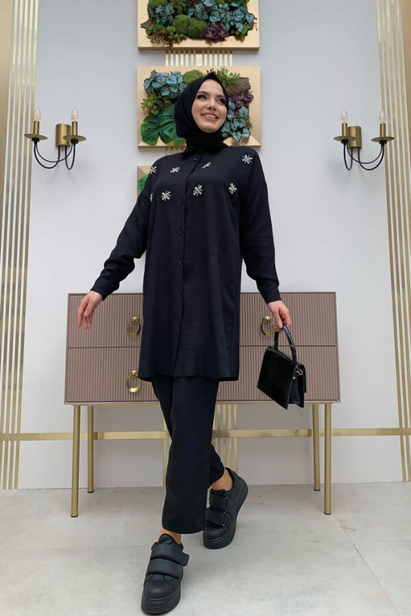Taş Detaylı Düğmeli Tunik ve Pantolonlu İkili Takım 8404 Siyah - 6