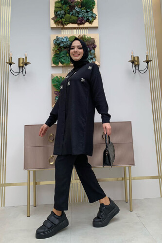 Taş Detaylı Düğmeli Tunik ve Pantolonlu İkili Takım 8404 Siyah - 7